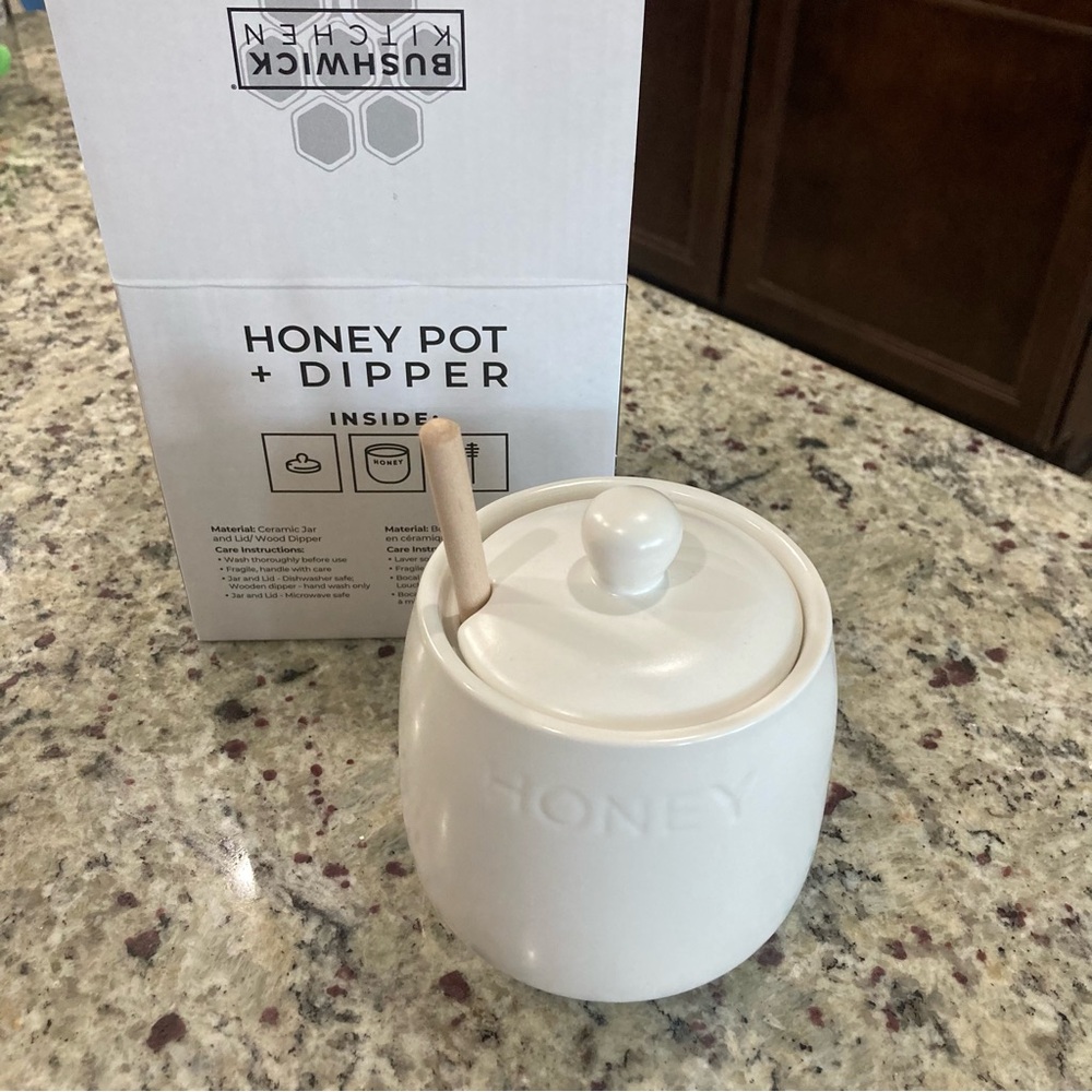 Nib Bushwick Kitchen Honey Pot + Dipper ceramic jar and lid with wooden dipper